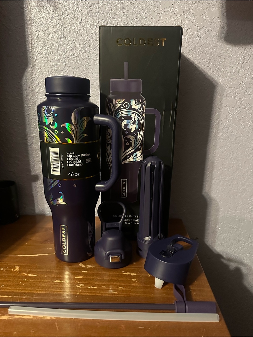 Coldest 46 oz Purple Floral Insulated Tumbler with Handle and Multiple Lids